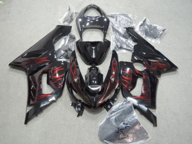 2005-2006 Black Red Flame Kawasaki ZX6R Moto Fairings UK Factory